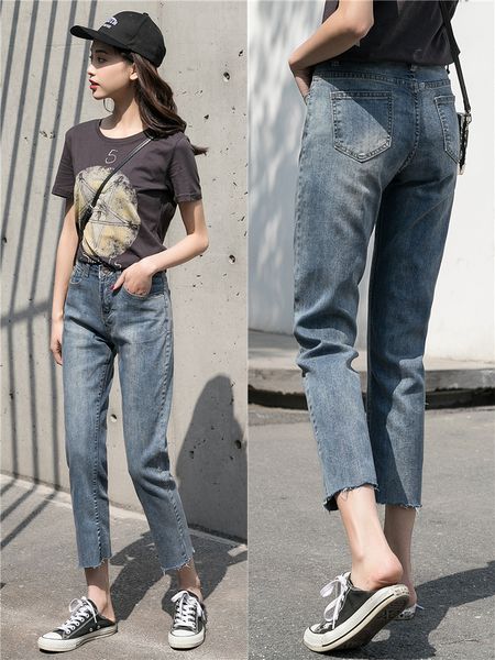 

2019 straight jeans female high waist loose students korean version was thin wild micro- pants spring jeans, Blue