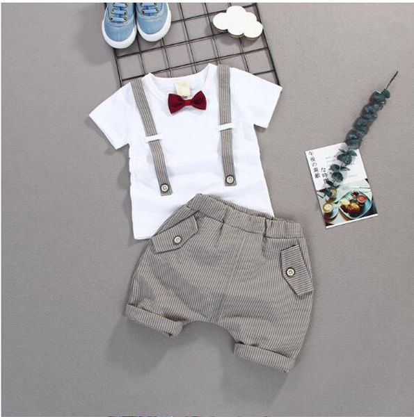 

summer kids boys bow clothes sets baby gentleman high qulity short t shirt + pants toddler boy clothing casual kids outfits baby, White