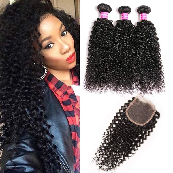 

9а бразильский завитые 3 пачки с closure необработанные бразильский кудрявый джерри завитые 4x4 lace closure с человеческими пучки волос, Black;brown