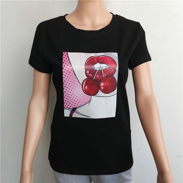 

lady summer women t-shirts casual ladies short sleeve sequined cherry print t-shirt female shirt fashion top, White