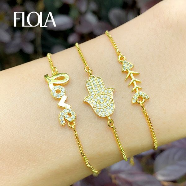 

flola gold filled hamsa hand bracelets for women fish bone love letter bracelet fatima cubic zirconia statement jewelry brtc17, Golden;silver
