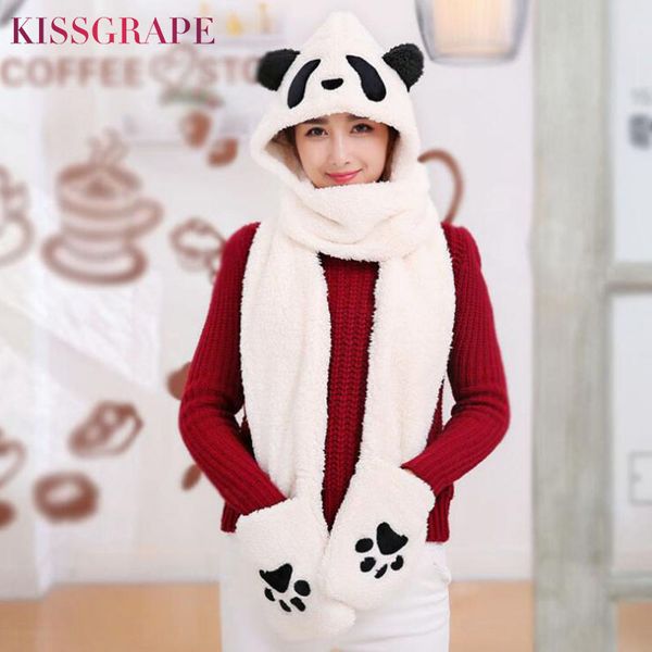 

new winter warm cute panda caps for women ladies party hat scarf gloves sets female thickening warm gloves with paws cute caps, Blue;gray