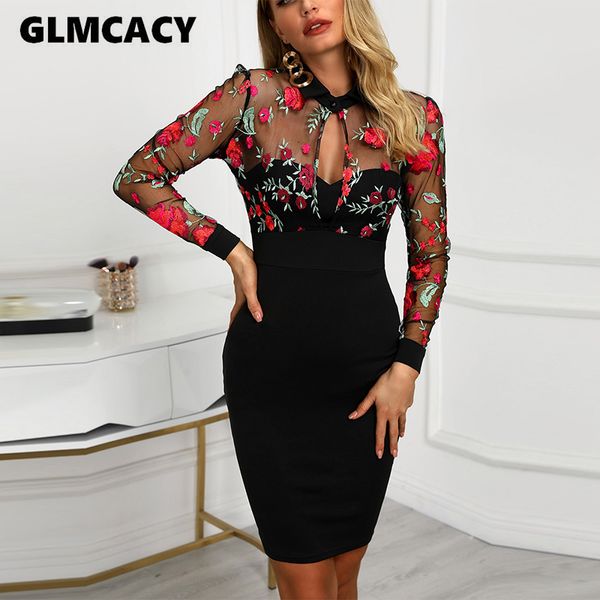 

sheer mesh floral embroidery bodycon dress, Black;gray