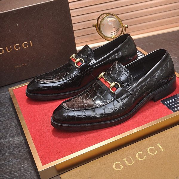 

19wf luxury crocodiles genuine leather mens smart casual shoes euro fashion brand lace up round toe party wear male dress shoes, Black