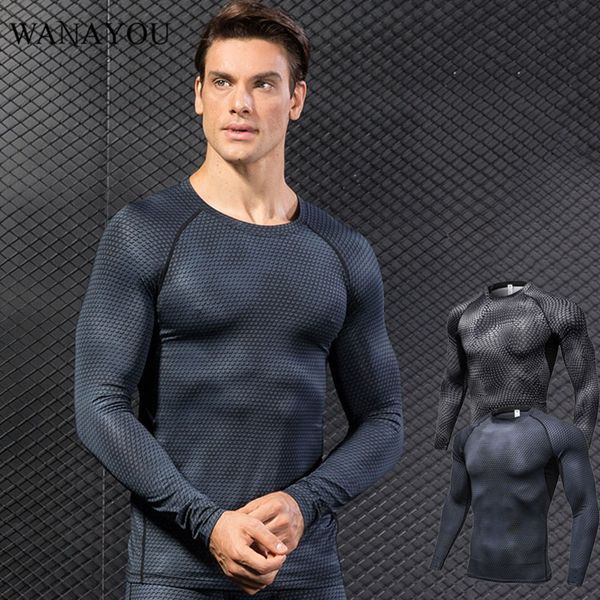 

wanayou men's printing tight running t-shirts, elastic fast-drying long-sleeved sports breathable mesh training gym shirts, Black;blue