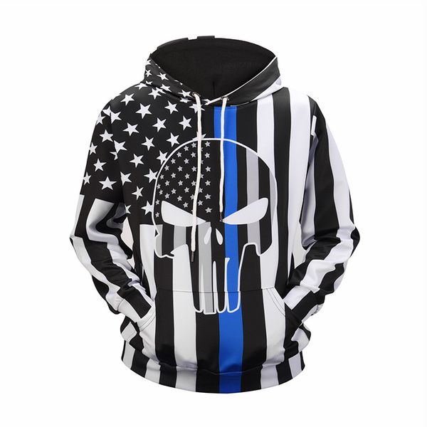 

autumn winter new flag skull print hooded sweatshirt hip hop casual slim fitness hoodies ing, Black