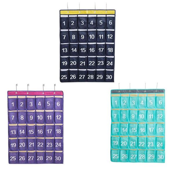 

30 pockets waterproof oxford fabric storage hanging bag numbered classroom charts for cell phones organizers purple blue navy