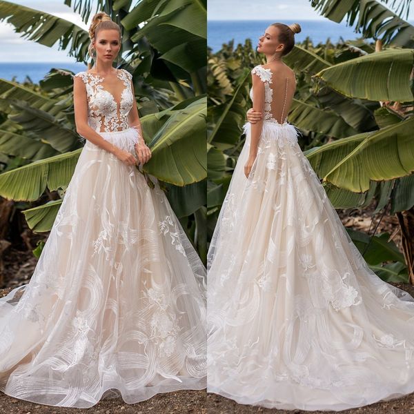 I più recenti abiti da sposa in piuma con collo gioiello in tulle Una linea Boho Abiti da sposa country Abito da sposa con applicazioni in pizzo Robe De Mariee