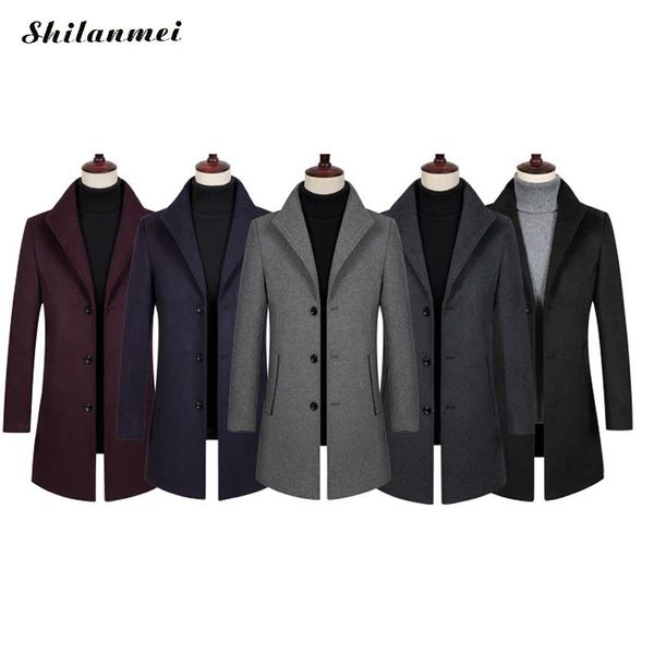 

business men wool coat winter mandarin collar single breasted solid color male wool blend coat work overcoat, Black