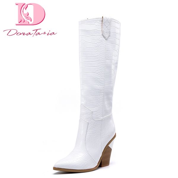 

large size 46 fashion white pointed toe knee high boots women shoes heels western boots female shoes woman, Black