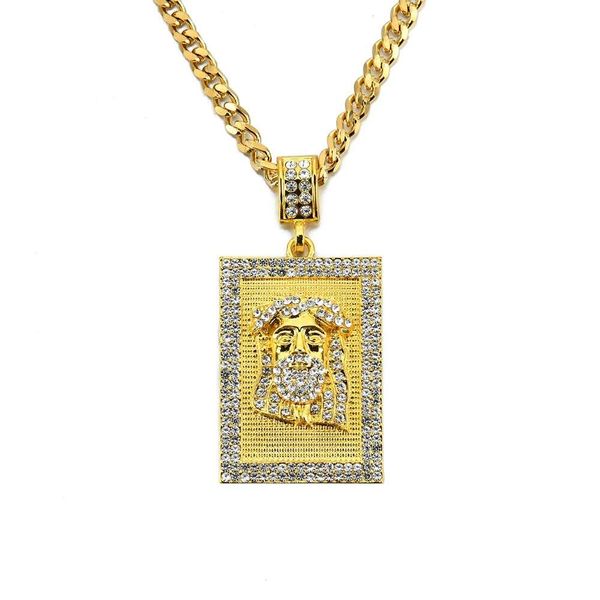 

hip hop jesus diamonds pendant necklaces for men christian alloy rhinestone luxury necklace stainless steel cuban chain religious dog tag, Silver