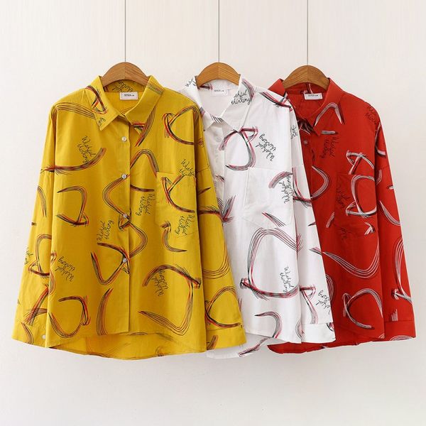 

blouse women cartoon graffiti print vintage lapel shirt loose single-breasted long sleeve blouse blusas mujer de moda, White