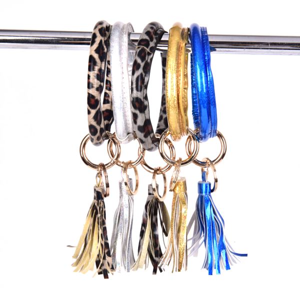 

1pcs bohemia pu leather wristlet keychain bangle fashion leopard large circle keyring tassel bracelet for women, Silver