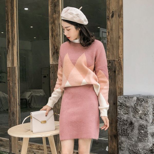 

sweater set autumn and winter women's two-piece short skirt slim skirt set, White;black