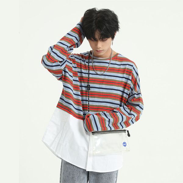 

men stripe splice long sleeve t-shirt male women japan korea streetwear hip hop loose casual tees shirts, White;black