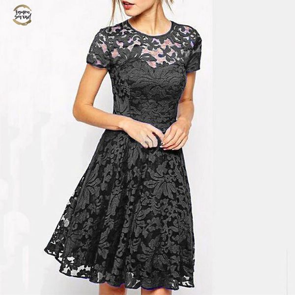 

short sleeve lace patchwork hollow dress women o-neck breathable a-line mini dresses ladies fashion elegant party dress summer, Black;gray