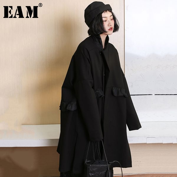 

eam]2019 new spring stand collar long sleeve black brief ruffles stitch loose large size coat women jacket fashion ji338, Black;brown