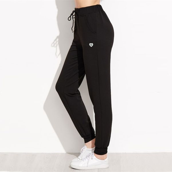 

women trousers casual pants black heart print drawstring pants female casual autumn plain women mid sporty tapered carrot long trousers, Black;white