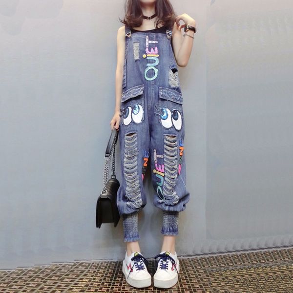 

autumn new kawaii embroidery women's jean overalls casual loose hole harlan small feet with women denim pants high waisted jeans, Blue