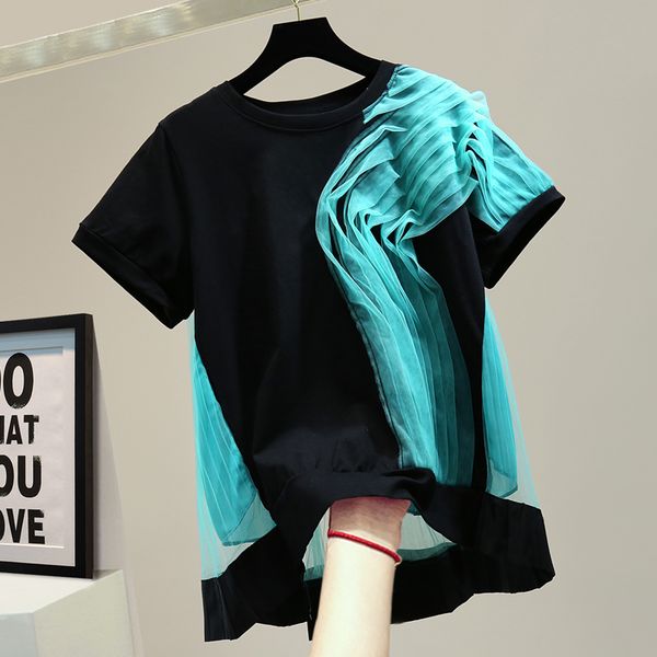 

2020 summer loose t-shirt for women pleated color mesh ruffles stitching casual short sleeved t-shirt female t shirt tees, White