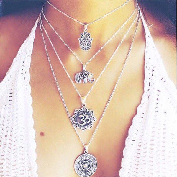 

tocona multilayer boho hamsa elephant necklaces pandents silver chain statement necklace women accessories collier choker 4373, Golden;silver