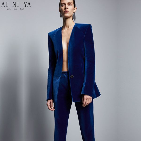 

royal blue velvet jacket+pants formal elegant pants suit womens business suits slim fit female office uniform 2 piece set custom, White;black