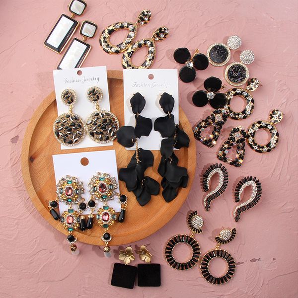 

просто почувствуйте старинные черные хрустальные серьги падения для женщин геометрические круглые висячие серьги заявления 2020 женская мода, Silver