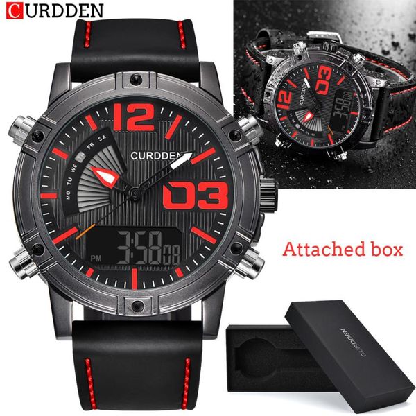 

curdden brand sport watch men 30m waterproof quartz watches leather band led digital analog clock masculino, Slivery;brown