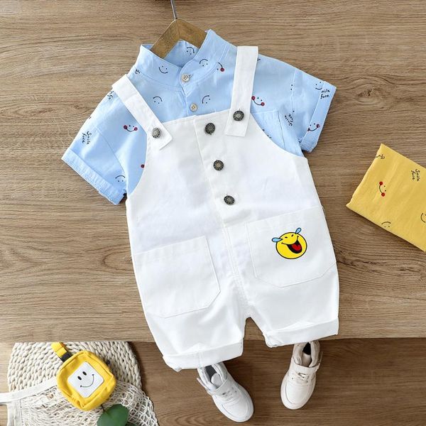 

2020 summer baby boys cartoon smiling face shirts + overalls pants casual 2pcs suits children kids clothing sets, White