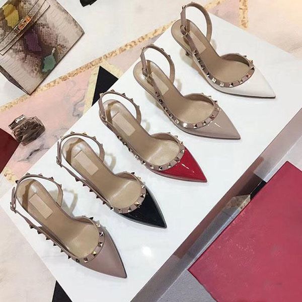 

2019 высокое качество последние горячие дамы заклепки высокой пятки сандалии летние туфли роскошь модельером slingback насосы сандалии больш, Black