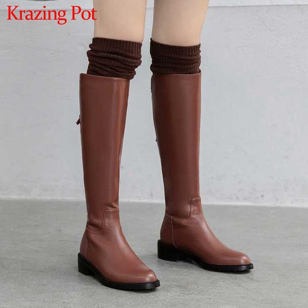 

krazing pot unique design cow leather knight boots round toe med heels zipper buckle winter keep warm women thigh high boots l98, Black