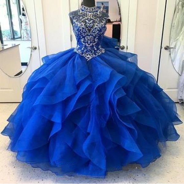 Royal azul quinceanera vestidos de pescoço alto corpete de miçangas de corpete organza vestido de baile em camadas de banheiro