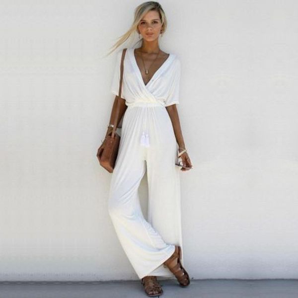 

women's 3 colors milk silk deep v neck hight waist loose romper playsuit party elegant ladies short sleeve long jumpsuit clothes, Black;white