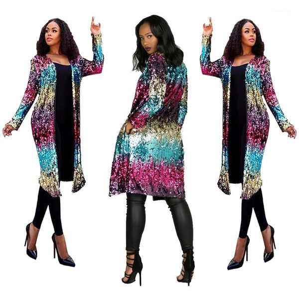 

fashion jacket coats open stitch women designer long sequined cardigan jacket spring autumn colorful, Black;brown