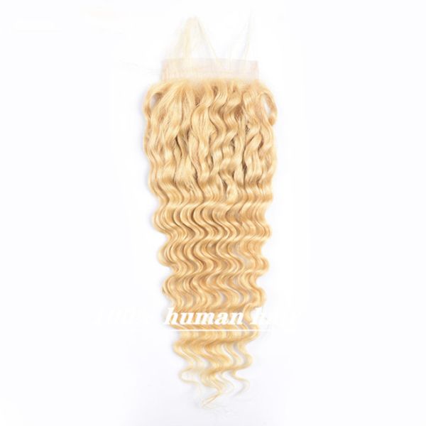 

613# deep wave 100% human virgin hair lace closure deep wave russian hair blonde, Black