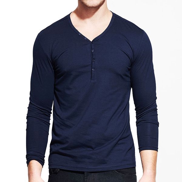 Compre Moda Slim Fit T Shirt Men New Manga Larga Con Cuello En V T