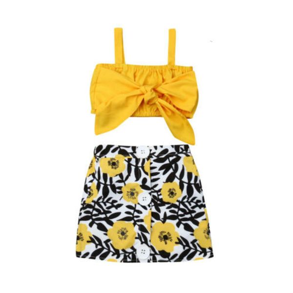 

2019 summer toddler kids baby girls clothes crop vest skirt outfit sunsuit baby clothes 2pcs, White