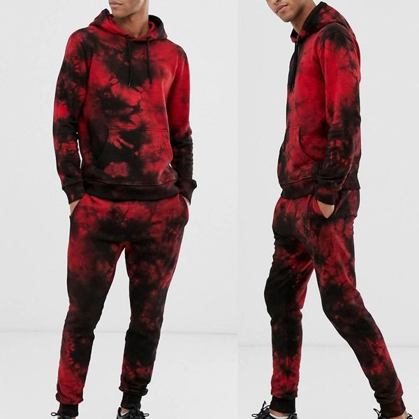 

survetement homme complet de marque 2pcs men floral print drawstring hoodie pants gym sweat suit tracksuit, Black;blue