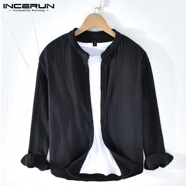 

incerun solid color men shirt long sleeve cotton stand collar harajuku breathable streetwear casual thin shirts men camisa 2019, White;black