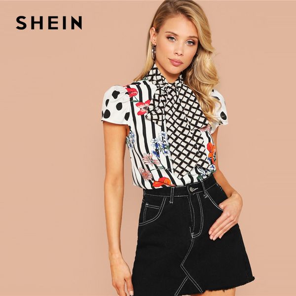 

shein elegant multicolor grid tie neck stripe floral blouse women spring puff sleeve stand collar cap sleeve blouses, White