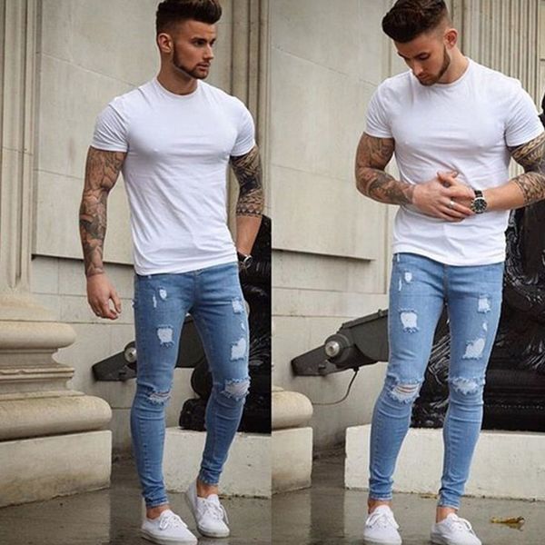

2018 men's fashion spring hole long pencil pants ripped jeans slim thin skinny jeans for men fashion trousers clothes clothing, Blue
