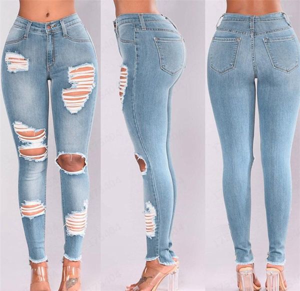 

эластичные промытые рваные дырочки карандаш брюки 20ss женская дизайнерская одежда женская высокая талия узкие джинсы мода, Blue