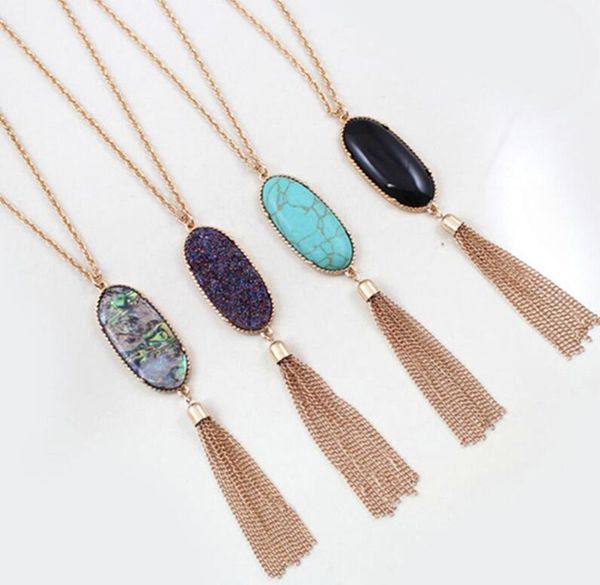 

2019 Fashion Oval Resin Tassel Necklace Geometric Color Pendant Long Sweater Chain Hot Sale