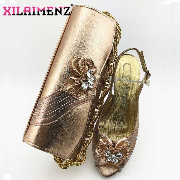 Kleidschuhe 2021 Low Heels Champagner Farbabstimmung und Taschenset afrikanisch für nigerianische Party