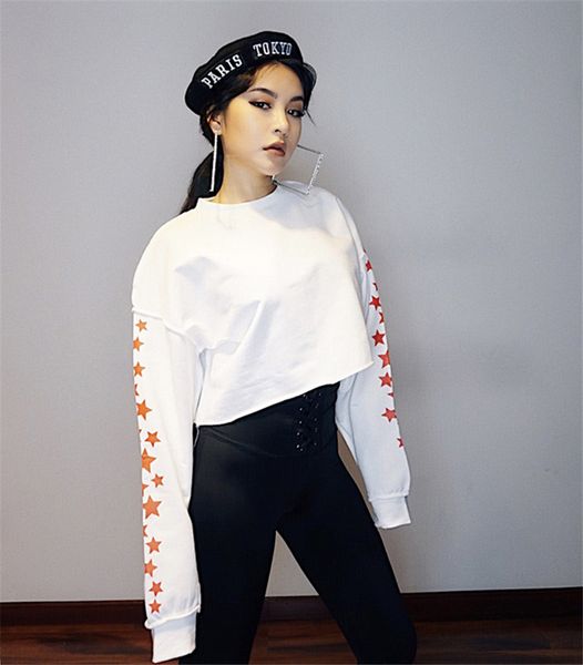 

stars woman designer hoodies long sleeve o neck short sweatshirts casual black loose female