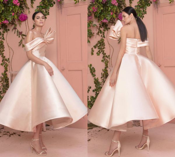 

elegant pink prom dresses off the shoulder satin bow tea length custom made ruffles cocktail dress zuhair murad evening gowns, Black