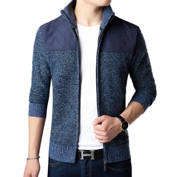 

men casual long sleeve stand collar slim patchwork zipper winter, autumn cardigan sweater jacket, White;black