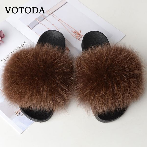 Venda Quente Mulheres Real Fox Slides Fluffy Furry Pele Sandálias Mulher Casa Chinelos Senhoras Doce Doce Bonito Fuzzy Plush Shoes Y200424