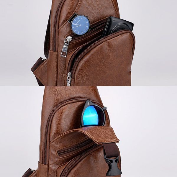 

men shoulder chest bag usb charging pu leather zipper fashion for mobile phone