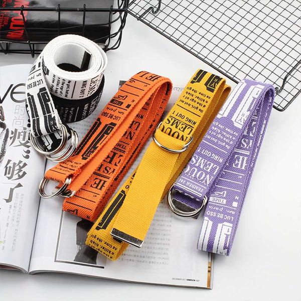 

punk english printing wild cowboy hip hop canvas metal button belt male female general purpose street hipster student dress belt, Black;brown